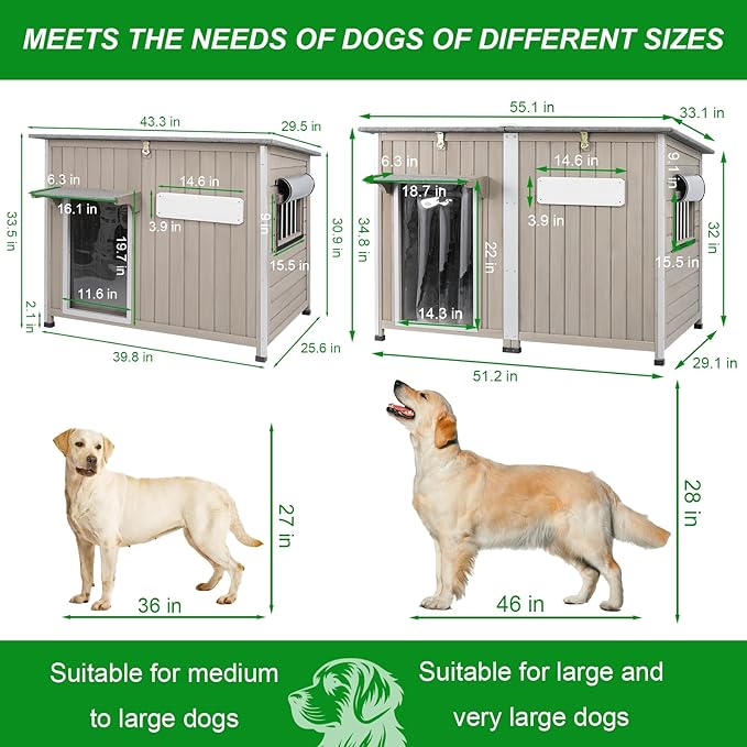 Dog House Outdoor Weatherproof & Wooden Dog Kennel with Chew-Proof Iron Frame,Removable Floor, Adjustable Vent Window, Easy Assembly for Large and Medium Dogs 43.3" D x 29.5" W x 33.5" H-PawvioPets