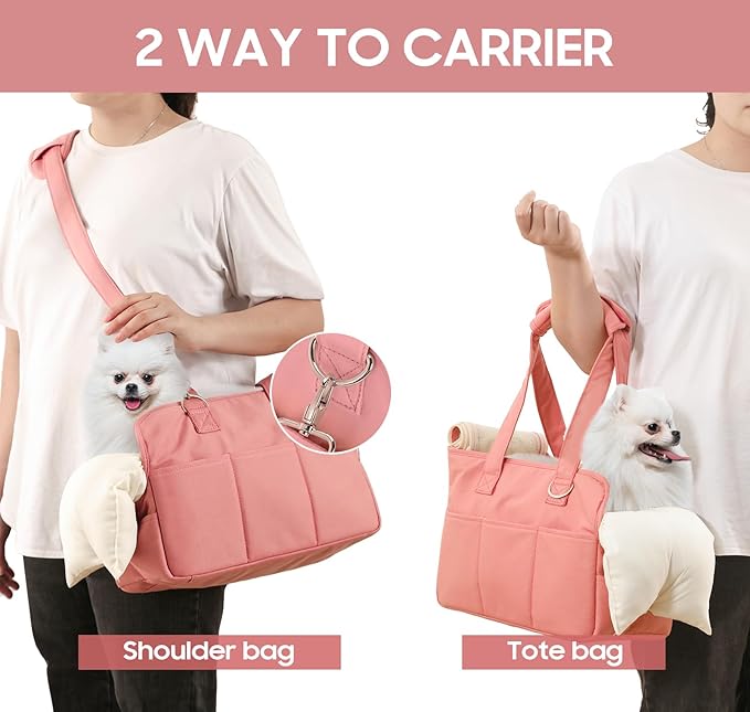 Dog Purse Carrier for Small Dogs, Soft Soft Sided Folding Dog Carriers for Small Dogs Medium Cats Puppies up to 15 Lbs, Washable Breathable Puppy Carrier for Outdoor Travel (Large Pink)-PawvioPets