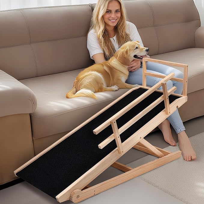 Dog Ramp, 5 Level Adjustable Height Folding Pet Ramp for High Bed, Portable Paw Ramps Large Bed Ramp for Medium & Large Old Dogs & Cats - Natural Wood Furniture Quality-PawvioPets