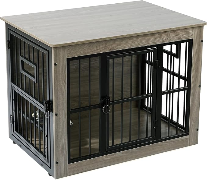 Gardner Pet Dog Crate Furniture for Medium Dogs, 32.7 Inch Dog Kennel Indoor, Wooden Dog Cage End Table with 2 Removable Bowls, Heavy Duty Dog Crate, Rustic Grey-PawvioPets