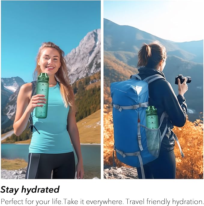 32oz Motivational Water Bottles with Time Marker & Fruit Strainer, Transparent Gradient Color Water Bottle with Times to Drink, Leakproof & BPA Free, Reusable Bottle with Strap (No Straw)-PawvioPets