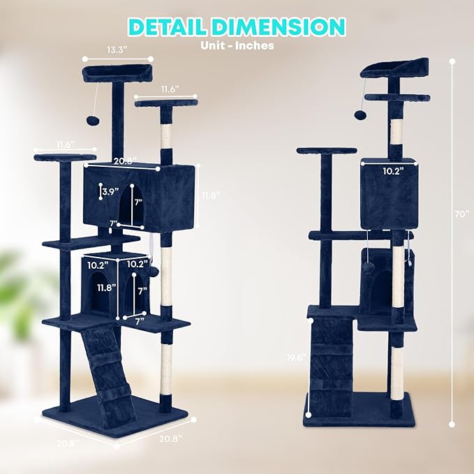 FDW Cat Tree 70in Cat Tower Multi-Level Durable Cat Scratching Post & Cozy Fun Cat Jumping Platform Space Saving Cat Condo Pet Play House for Indoor Cats,Navy Blue-PawvioPets