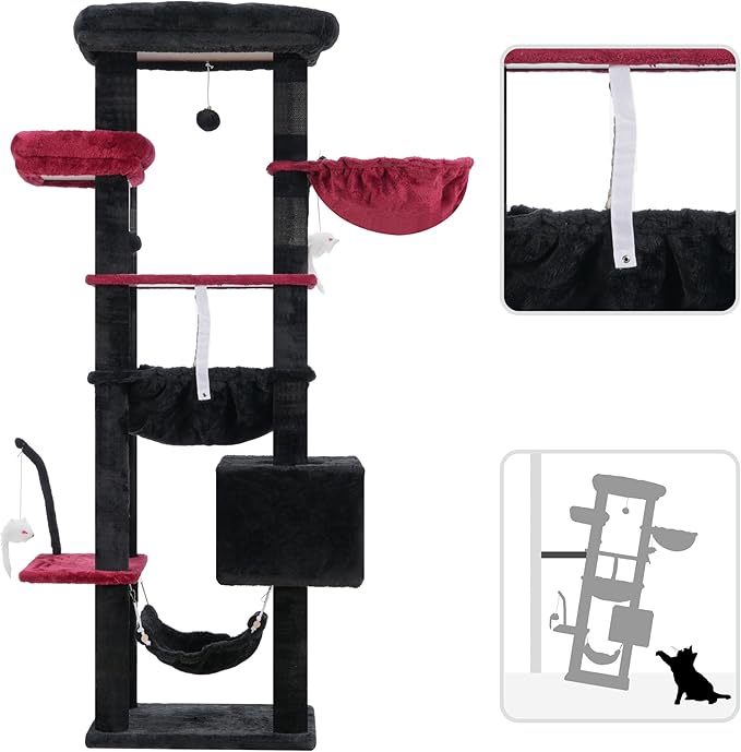 Gothic Cat Tree, Cat Tower for Large Cats with 2 Big Platforms, 2 Baskets, condo and Toys, 63" Cat Scratching Posts for Indoor Cats, Black and red GCT020BR-PawvioPets
