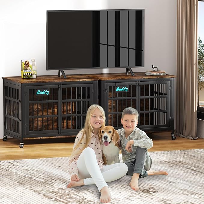 EasyCom 41"/33"/27" Dog Crate Furniture with Name Tag, Heavy Duty Dog Kennel Indoor for Medium Dogs, Double-Doors Sturdy Metal Dog Cage for Anxiety Dog, Decorate House as TV Stand, End Table-PawvioPets