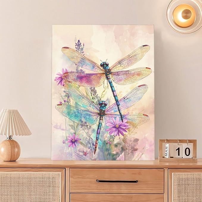 Dragonfly Bathroom Pictures Wall Art, Floral Bathroom Wall Decor, Framed Painting Canvas Artwork for Bedroom Living Room Decorations 16"L x 12"W-PawvioPets