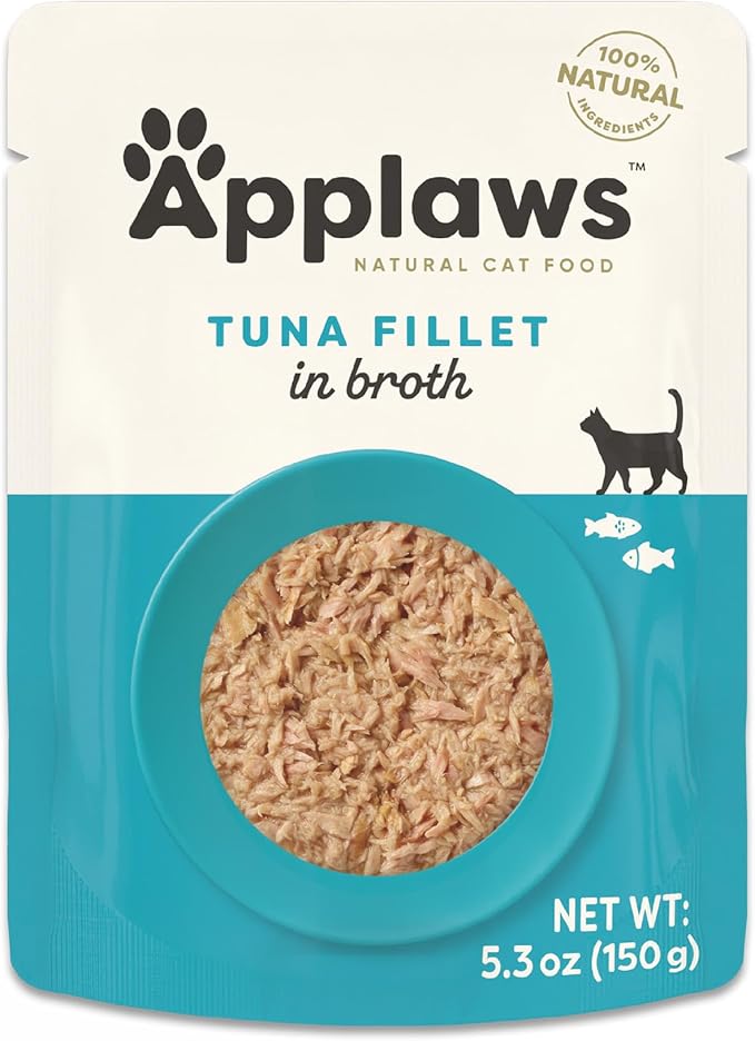 Applaws Natural Wet Cat Food in Broth, Limited Ingredient Wet Cat Food Pouches, No Additives, Made with Natural Ingredients, Tuna Fillet in Broth (12 x 5.3oz Pouches)-PawvioPets
