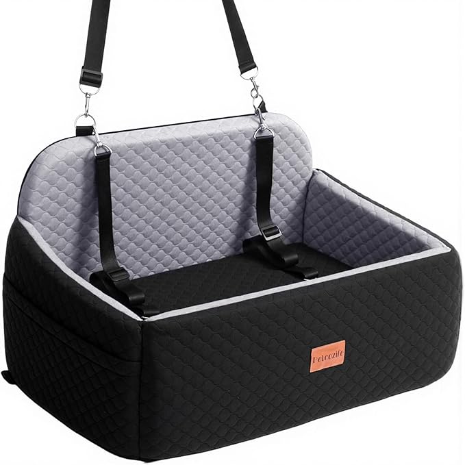 Dog Car Seat for Large Medium Dogs, Pet Car Seat Under 55 lbs or 2 Puppies, Removable Washable Pets Travel Booster Bed for Automotive Backseat with Comfy Thick Cushion, 2 Safety Leashes(Black/Gray)-PawvioPets