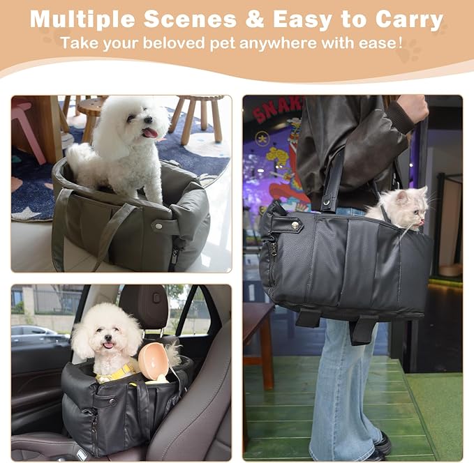 Dog Car Seat for Small Dogs, Large Leather Dog Car Bed with Storage Pocket, Waterproof PVC Leather Booster Seat Travel Bed for Front & Back Seat, Clip-On Safety Leash (Grey)-PawvioPets