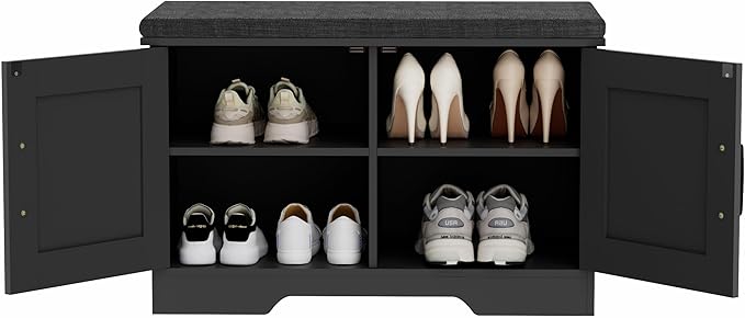 2-Tier Storage Bench, Shoe Bench with Padded Seat Cushion, Entryway Bench with 2 Barn Doors, Adjustable Shelf, 13.8" D x 27.6" W x 17.7" H, for Entryway, Living Room, Bedroom, Black-PawvioPets