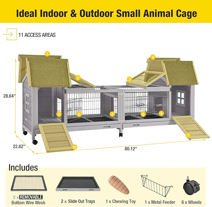 Aivituvin Rabbit Hutch Bunny Cage with Double House and Run Indoor Outdoor Guinea Pig House with Deeper No Leak Trays and Wheels-PawvioPets