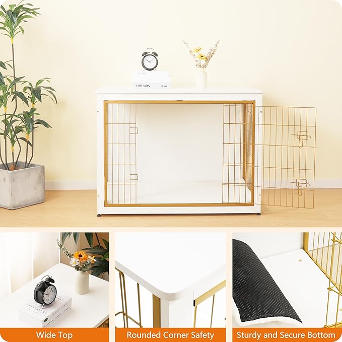 DWANTON Dog Crate Furniture with Cushion, Wooden Kennel Table with Double Doors, Indoor Dog House, Extra Large Size, 43.3" L, White+Gold-PawvioPets