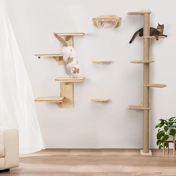 FUKUMARU Cat Wall Shelves, 2 Platform Kitten Wall Furniture, Tree Shape Wall-Mounted Floating Shelf with Sisal Mat, Solid Rubber Wood Cats Perch for 16 Inch Drywall, Suitable for Climb, Play, Nap-PawvioPets