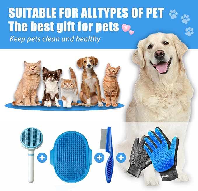 4Piece Dog Grooming Brush Set with Grooming Gloves, Deshedding Comb & Massage Bath Brush - Multifunctional Pet Hair Removal Tools for Shedding, Bathing, Brushing (Blue)-PawvioPets
