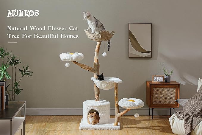 59" Modern Cat Tree Tower for Large Cats w/2 Flower Perches-Natural Solid Wood Scratching Post with Real Branch-Luxury Boho Cat Furniture w/Condo & Wicker Basket Bed, Cloud White-PawvioPets