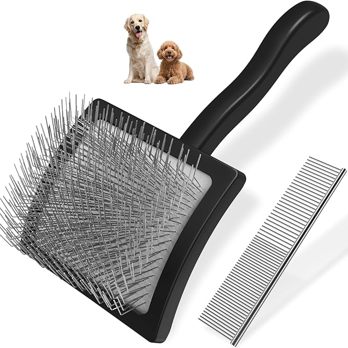 2PCS Slicker Brush for Dogs & Pet Comb,Professional Dog Grooming Brush (Goldendoodles,Poodles,Labradoodles) with Extra Long Pins to Effectively Remove Tangles, Knots and Mats (Black)-PawvioPets