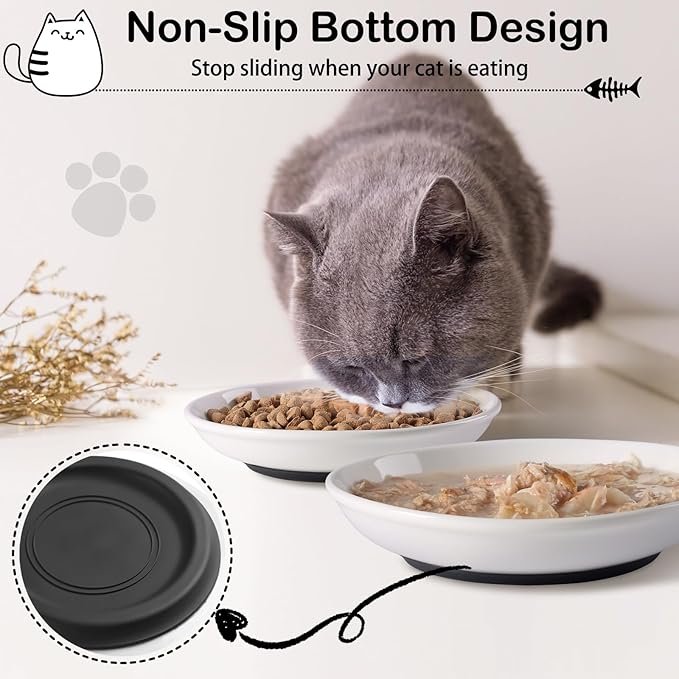 Cat Food Bowl,Healthy Ceramic Cat Bowls for Indoor Cats,Anti Whisker Fatigue Cats Dishes Set,Shallow Wide Kitten Plates for Food and Water,Non-Slip Silicone Bottom,6 Pack-PawvioPets