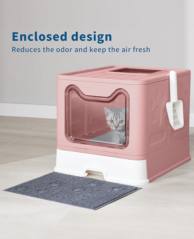 Cat Litter Box with Litter Mat and Scoop, Large Foldable Litter Box with Lid, Front Entry Top Exit Kitty Box, Odor Control, Easy to Clean (Pink)-PawvioPets