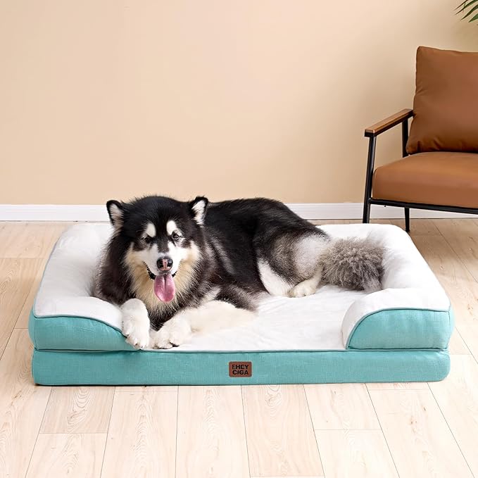 EHEYCIGA Orthopedic Dog Beds for Extra Large Dogs, Waterproof Memory Foam XXL Dog Bed with Sides, Non-Slip Bottom and Egg-Crate Foam Big Pet Couch Bed with Washable Removable Cover, Turquoise Blue-PawvioPets