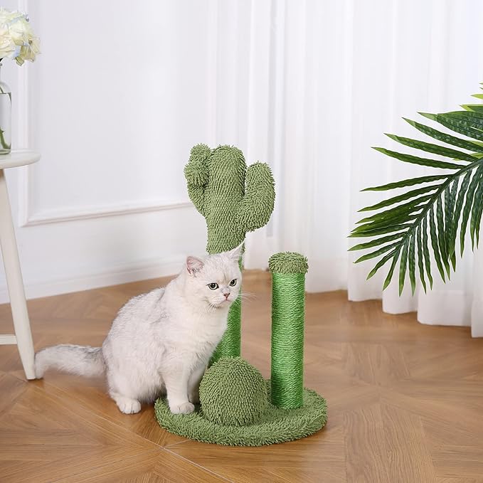 Amazon Basics Cat Scratcher - Indoor Cactus Triple Posts Cat & Kittens Scratching Post with Dangling Ball, Small (22.4"H) - Green-PawvioPets