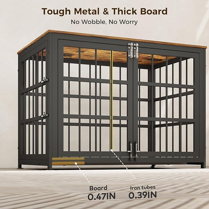 32 Inch Heavy Duty Wooden Dog Kennel End Table with Double Door Design and Secure Locks, Indoor Pet Crate Furniture for Medium Dogs, Decorative Home Cage Design,Aged Black-PawvioPets