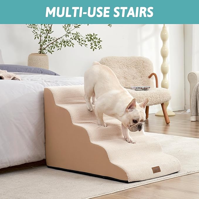 Extra Wide Dog Stairs 19.7" Width, Pet Step for Small Medium/Large Dog, Puppy or Cat, Pet Ramp for High Bed or Car, High Density Foam Ladder, Stable, 5 Step, 19.7x33x22.4 in, Beige-PawvioPets