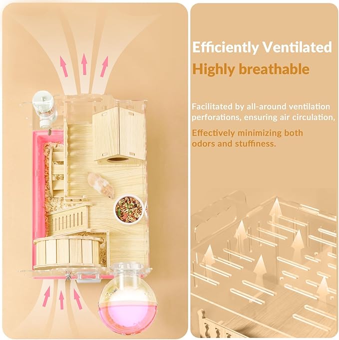 Cycodo 8 in 1 Acrylic Hamster Cage,2-Tier Dwarf Hamster Cage with Wooden Wheel & Hideout,Small Hamster Habitat with Accessories,Clear Pet Mice House(Pink,14" L*10" W*11" H)-PawvioPets