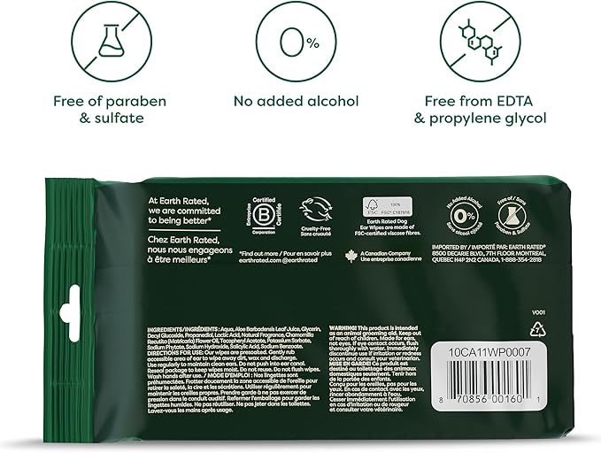 Earth Rated Vet-Developed Pet Ear Wipes, Hypoallergenic Cleaner for Dogs & Cats Ears to Remove Dirt and Wax Build Up, Wild Oat Scent, 70 Count-PawvioPets