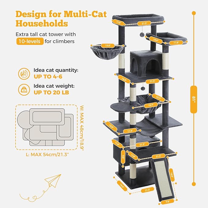 81" Heavy Duty Cat Tree for Large Cats up to 20lbs - Extra Tall Cat Tower with Metal Frame Hammock, 6 Sisal Scratching Posts, 2 Perches - Indoor Cat Furniture for Maine Coon, Dark Gray-PawvioPets