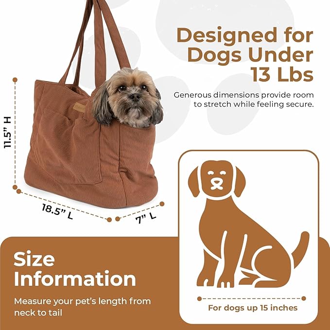 Corduroy Dog Carrier - Lightweight Cotton Soft-Sided Pet Tote with Safety Harness Clip - Breathable Travel Carrier for Small Dogs and Puppies (Brown)-PawvioPets