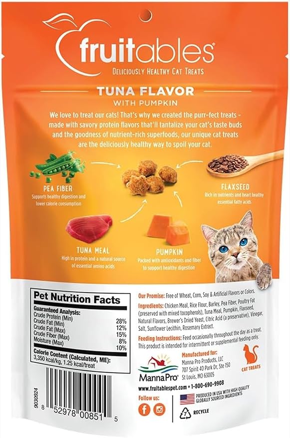 Fruitables Cat Treats, Healthy Treats For Cats, Low Calorie and Packed with Protein, Crunchy Biscuits, Free of Wheat, Corn and Soy, Made with Real Tuna and Pumpkin, 2.5oz-PawvioPets