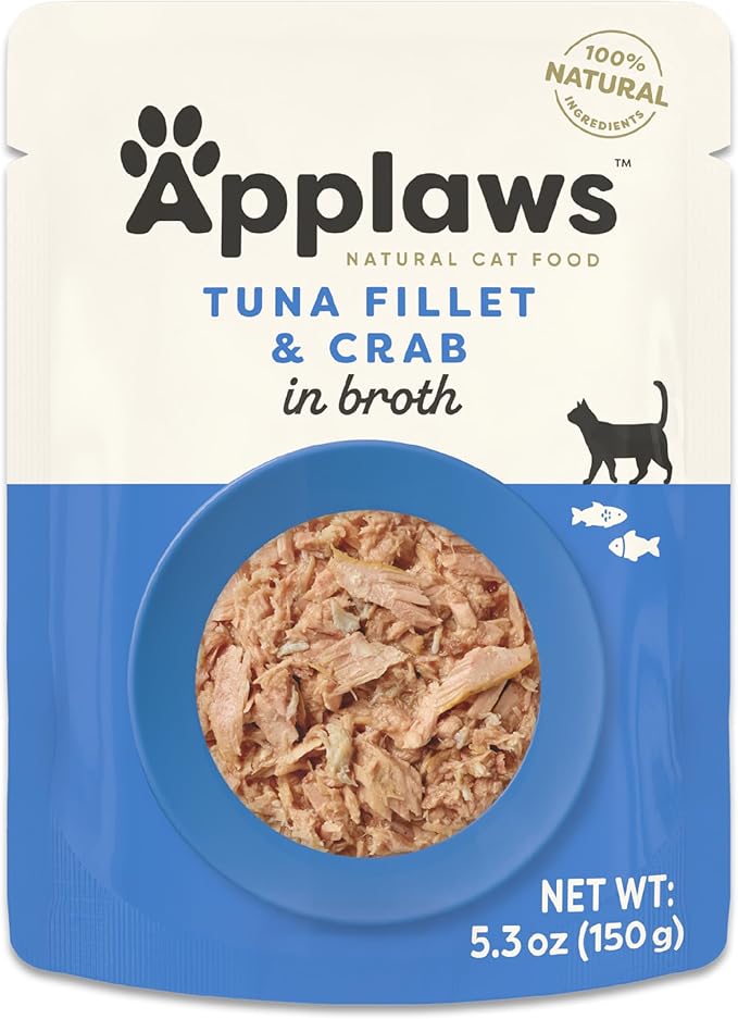 Applaws Natural Wet Cat Food in Broth, Limited Ingredient Wet Cat Food Pouches, No Additives, Made with Natural Ingredients, Tuna Fillet with Crab in Broth (12 x 5.3oz Pouches)-PawvioPets