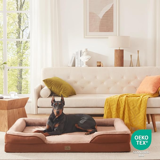 Bedfolks Orthopedic Dog Bed XXL, Waterproof Dog Sofa Bed for Giant Dogs, Egg Foam Pet Couch Bed with Removable Washable Cover and Nonslip Bottom, Brown-PawvioPets