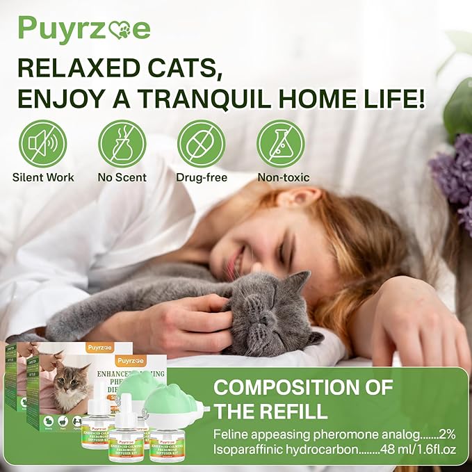 Cat Calming Diffuser with Three Timing Functions, 6-in-1 Cat Pheromones Calming Diffuser Kit, 120-Day Anxiety Relief, Stress Reduction & Relaxation for All Cats (2 Diffusers + 4 Refills)-PawvioPets