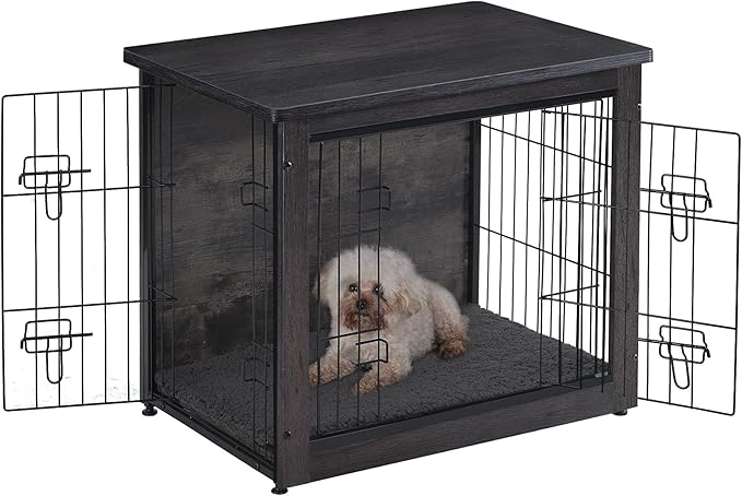 DWANTON Dog Crate Furniture with Cushion, Wooden Kennel Table with Double Doors, Indoor Dog House, Small/Medium/Large/Extra Large Size, 27.2" L, Dark Gray-PawvioPets
