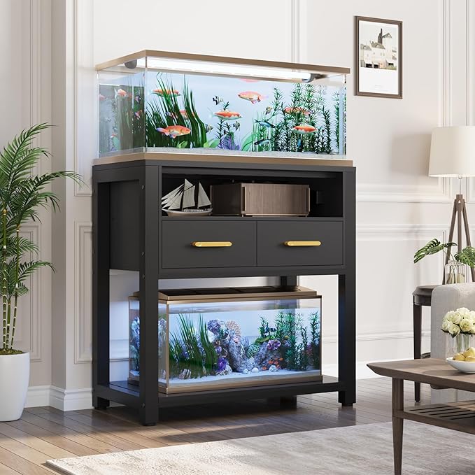 20-29 Gallon Aquarium Stand with Stable Metal Frame & Power Outlet, Heavy-Duty Fish Tank Stand with Waterproof Mat, 550LBS Capacity Storage Cabinet, Black-PawvioPets