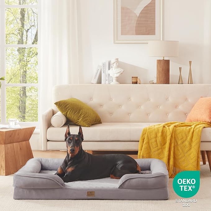 Bedfolks Orthopedic Dog Bed, Waterproof Dog Sofa Bed for Extra Large Dogs, Egg Foam Pet Couch Bed with Removable Washable Cover and Nonslip Bottom, Light Grey-PawvioPets