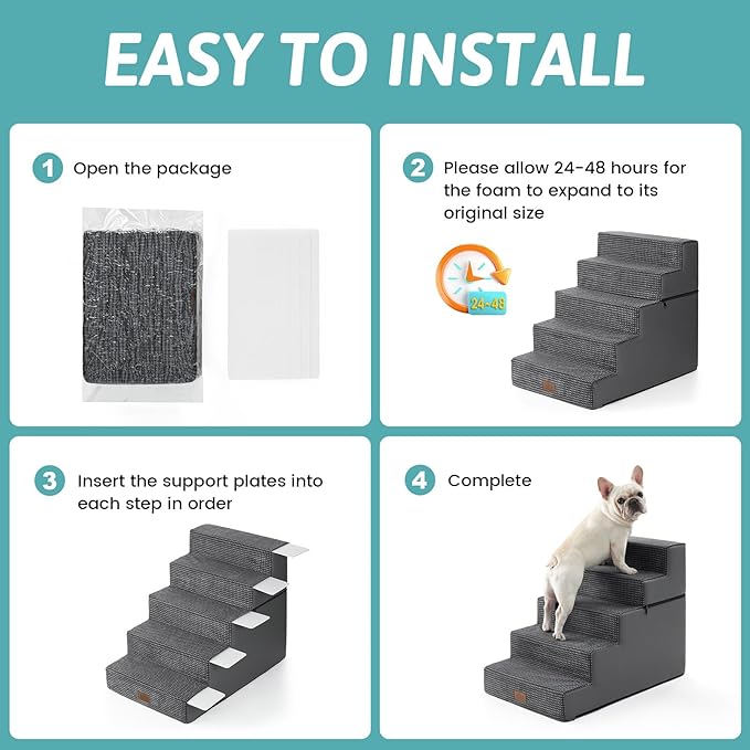 Dog Stairs for Small Dogs, 5 Tier Removable Wider Pet Stairs for Couch and Bed, 23.6" H Non-Slip Dog Steps for Puppies and Old Cats with Support Board, 29.5x19.7x23.6 inch, Dark Grey-PawvioPets