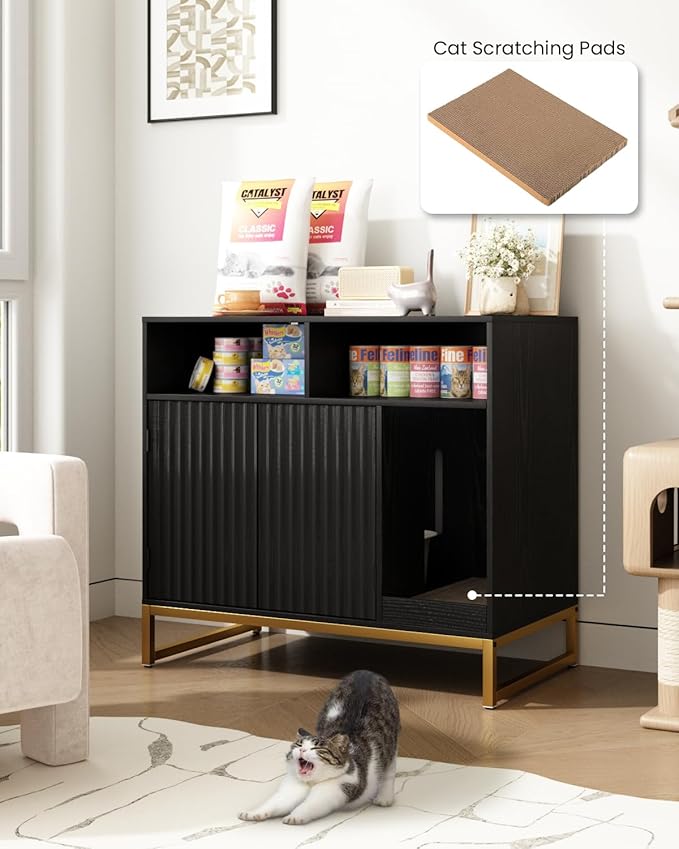 Cat Litter Box Enclosure, Large Hidden Pet Storage Cabinet Furniture with Waveform Fluted Doors & Scratching Pad, Modern Wooden Cat House Indoor for Washroom, Living Room, Bedroom, Black-PawvioPets