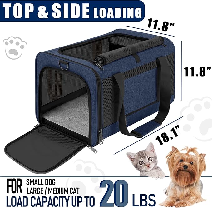 Dog Carrier Soft/Cat Crates Large Cat 20 to 25 pounds/Softsided Pet Car Travel Carry Bag 15 Pound Puppy/Top Open Transport Kennel Navy-PawvioPets