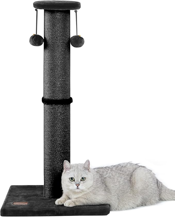 Kilodor 34Inch Tall Cat Scratching Post,4.3Inch Diameter Large Sisal Cat Scratch Post with Ball, Sturdy and Durable Cat Scratcher for Indoor Cats Adults Black-PawvioPets
