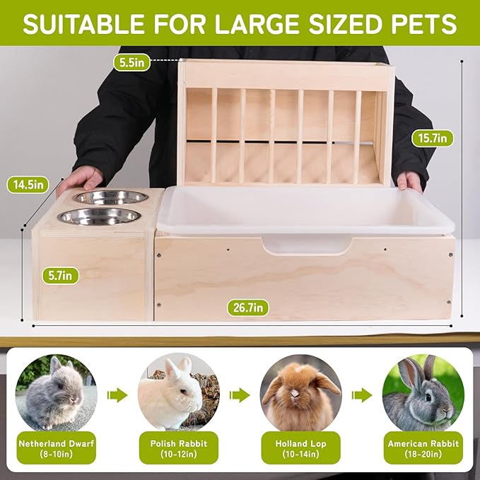 3 in 1 Extra Large Rabbit Hay Feeder with Litter Box, Wooden Bunny Toilet, for Large and Medium-Sized Dwarf Rabbit, Guinea Pig, Chinchillas, Hamster, Ferret, Other Animals-PawvioPets