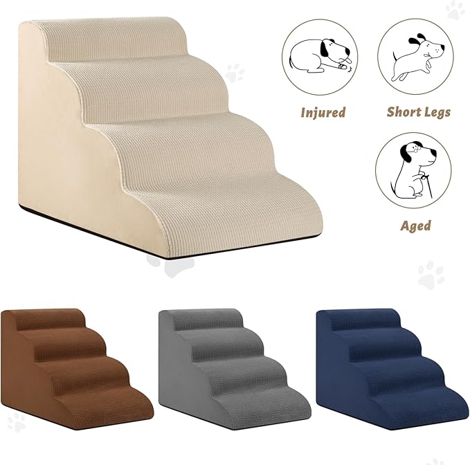 4-Step Dog Stairs and Ramp for Beds or Couches,Non-Slip Sturdy Pet Steps for Small Dogs and Cats,17.4" H,Beige-PawvioPets
