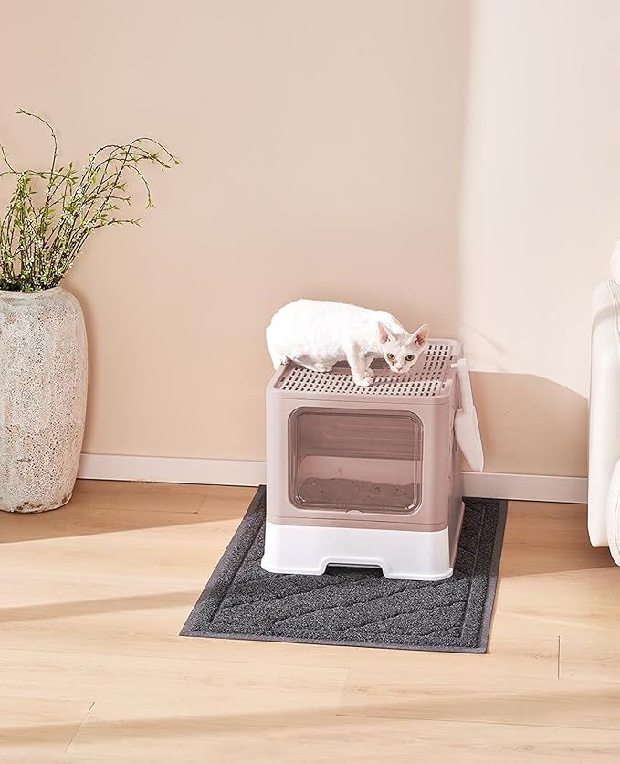 Cat Litter Box with X-Large Litter Mat and Scoop, Large Foldable Litter Box with Lid, Enclosed Kitty Box,Front Top Entry Exit, Odor Control Easy to Clean (Upgrade Coffee)-PawvioPets