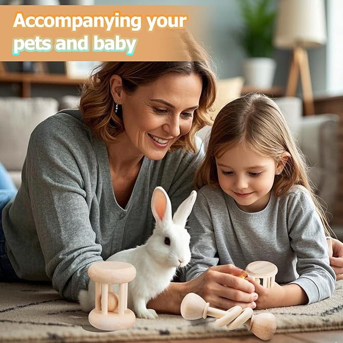 3 Pcs Natural Wooden Bunny Toys, Safe Rabbit Toys for Guinea Pig Chinchillas Hamsters Small Animals Playing Teeth Grinding Indoor Outdoor-PawvioPets