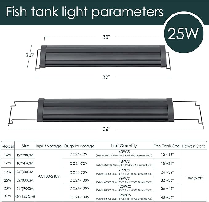 AQQA Aquarium Light,Full Spectrum LED Fish Tank Lights,12"-54" Adjustable Multi-Color White Blue Red Green LEDs with Extendable Brackets,14W-31W for Freshwater Plants (25W (32"-36"))-PawvioPets