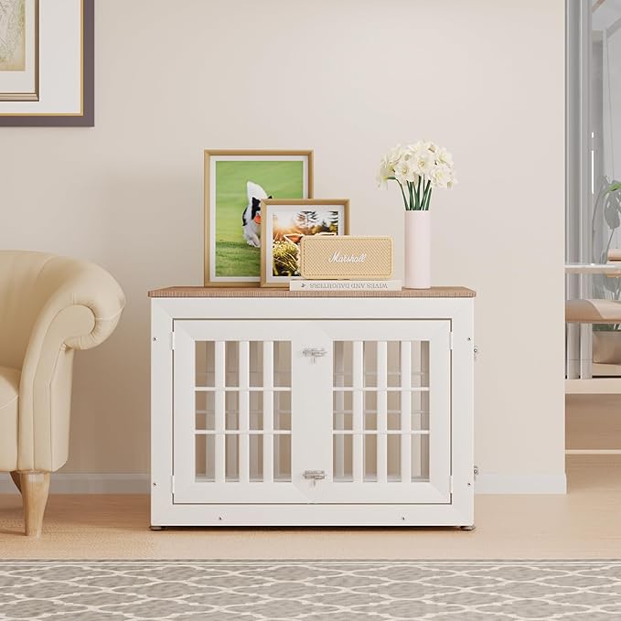 38" Heavy Duty Dog Crate Furniture for Small,Medium and Large Dogs,Rustic Wooden Dog Cage Kennel Indoor Furniture with Waterproof Top,Decorative Pet House Side End Table (White & Wood)-PawvioPets