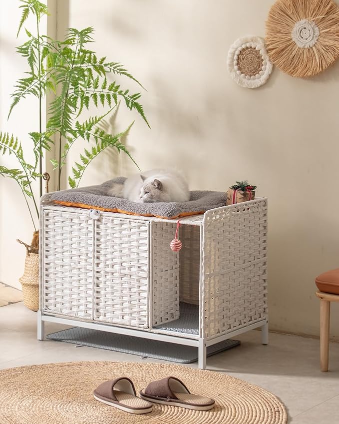 Cat Litter Box Enclosure Furniture with Divider, Handwoven Rattan Litter Box with Mat, 31.2 x 19.6 x 24.2 Inches, Metal Heightened Feet, Hidden Cat House for Living Room, Bedroom (White)-PawvioPets