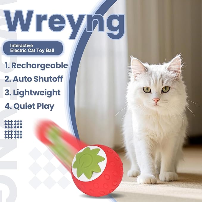 2Pcs Self-Moving Electric Cat Toy Ball with LED - Automatic Interactive Cat Toys for Indoor Cats, Smart Strawberry Design Stimulates Hunting Instincts, Boredom Relief & Exercise for Solo Play-PawvioPets
