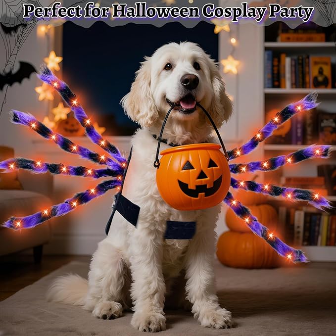 Camlinbo 24 LED Spider Dog Halloween Costume for Small Medium Large Dogs, Furry Spider with LED Lights Puppy Pet Costume Outfits Clothes Funny Halloween Costume Party Cosplay-PawvioPets