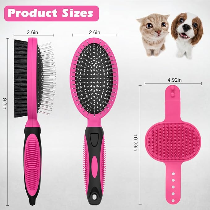 2PCS Pet Grooming Tools - Double-Sided Brush for Shedding and Bathing, Suitable for Short/Long Haired Dogs Cats and Horses, Deshedding Dog Brush, Mane & Tail Combs for Horses - Pet Supplies (Pink)-PawvioPets